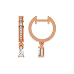 This rose gold Dangling Baguette Diamond Hoop Earrings handmade with round brilliant-cut diamonds in pave setting and a baguette solitaire hanging at the bottom in top view and side view