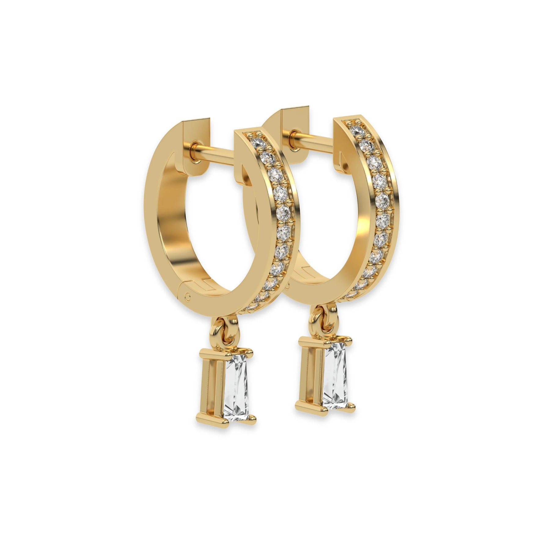 This yellow gold Dangling Baguette Diamond Hoop Earrings handmade with round brilliant-cut diamonds in pave setting and a baguette solitaire hanging at the bottom in side view