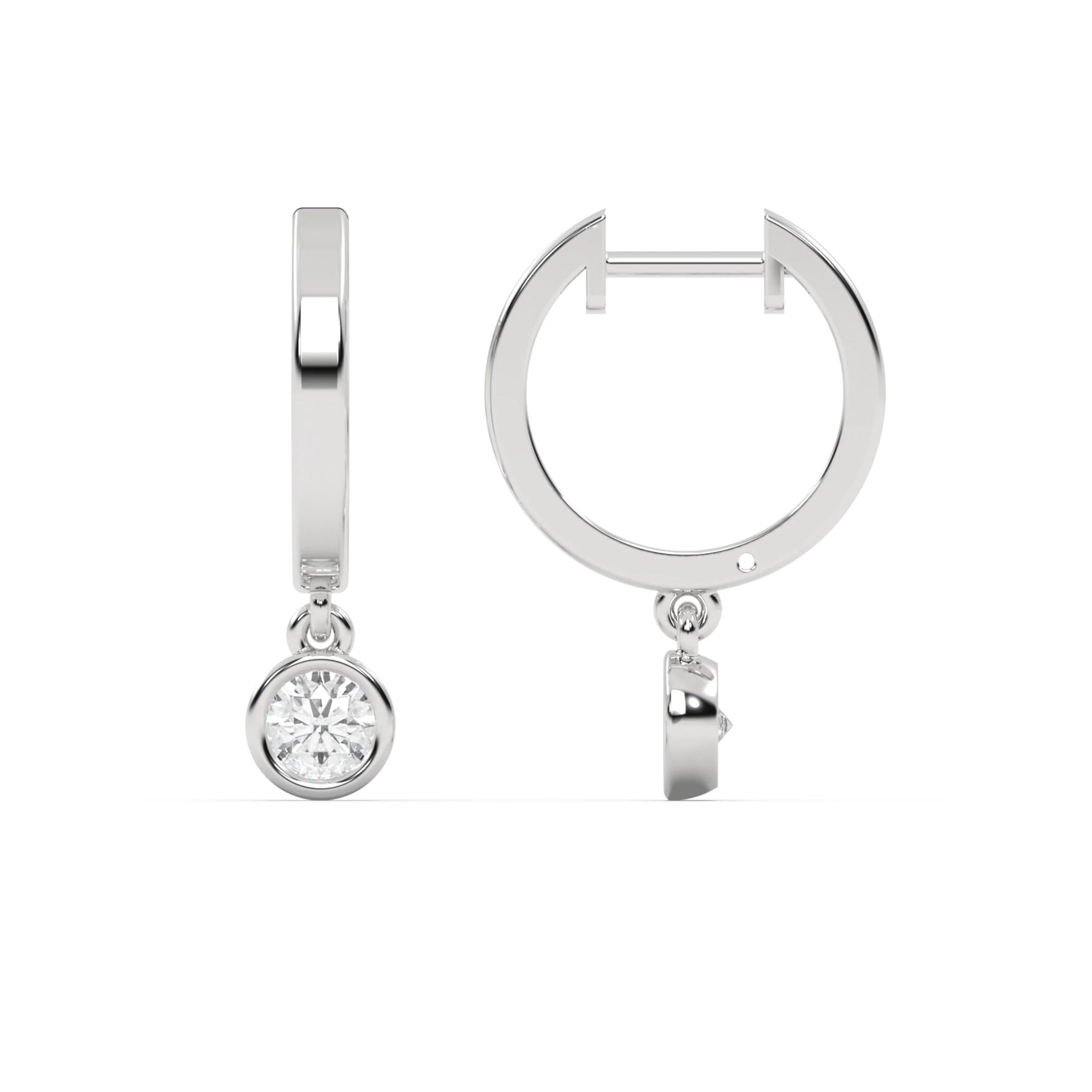 This white gold dangling diamond hoop earrings features a moving 0.25 CT diamond on each hoop, securely set in a bezel setting in top view and side view