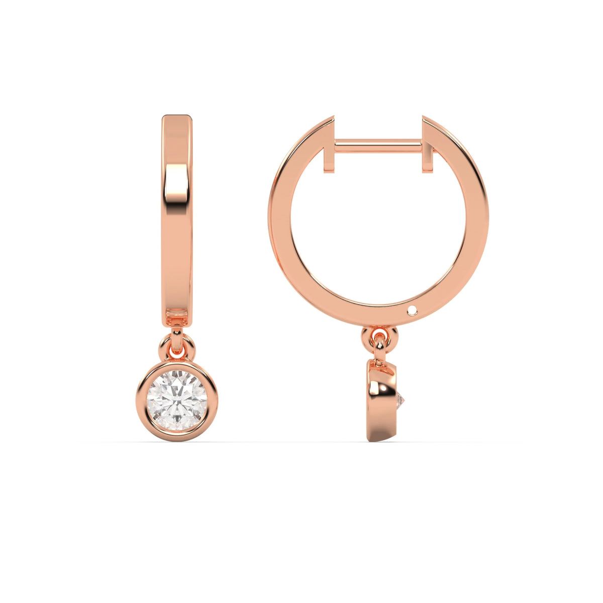 This rose gold dangling diamond hoop earrings features a moving 0.25 CT diamond on each hoop, securely set in a bezel setting in top view and side view