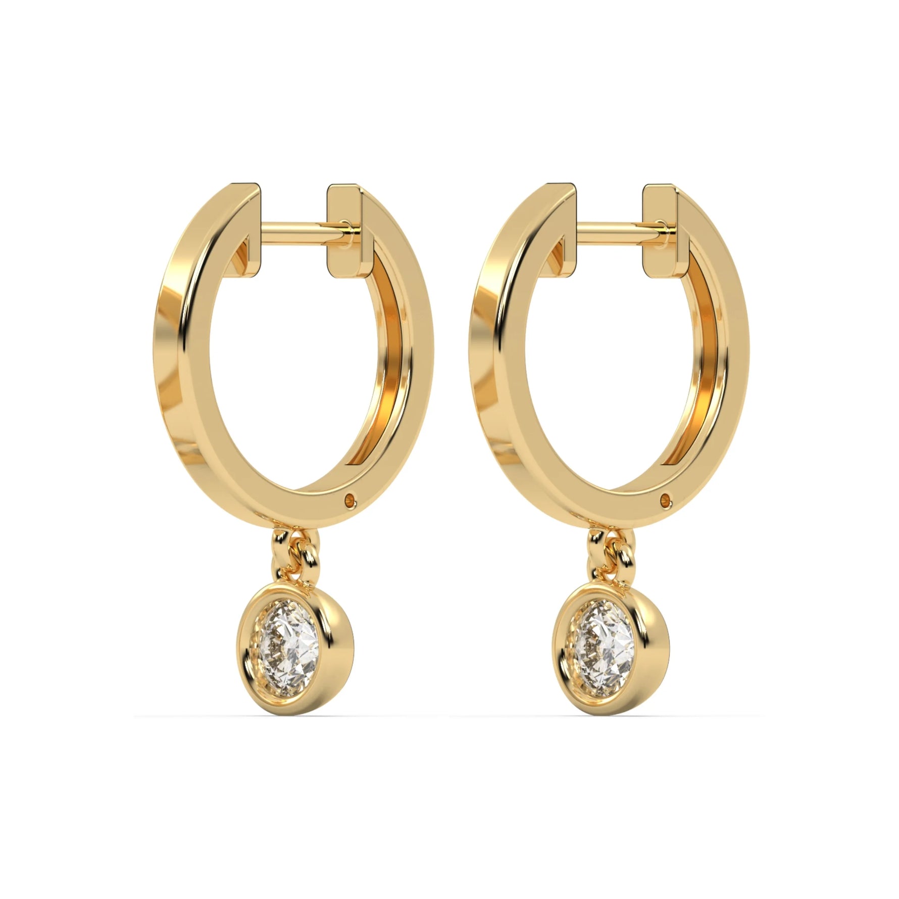 This yellow gold dangling diamond hoop earrings features a moving 0.25 CT diamond on each hoop, securely set in a bezel setting in side view