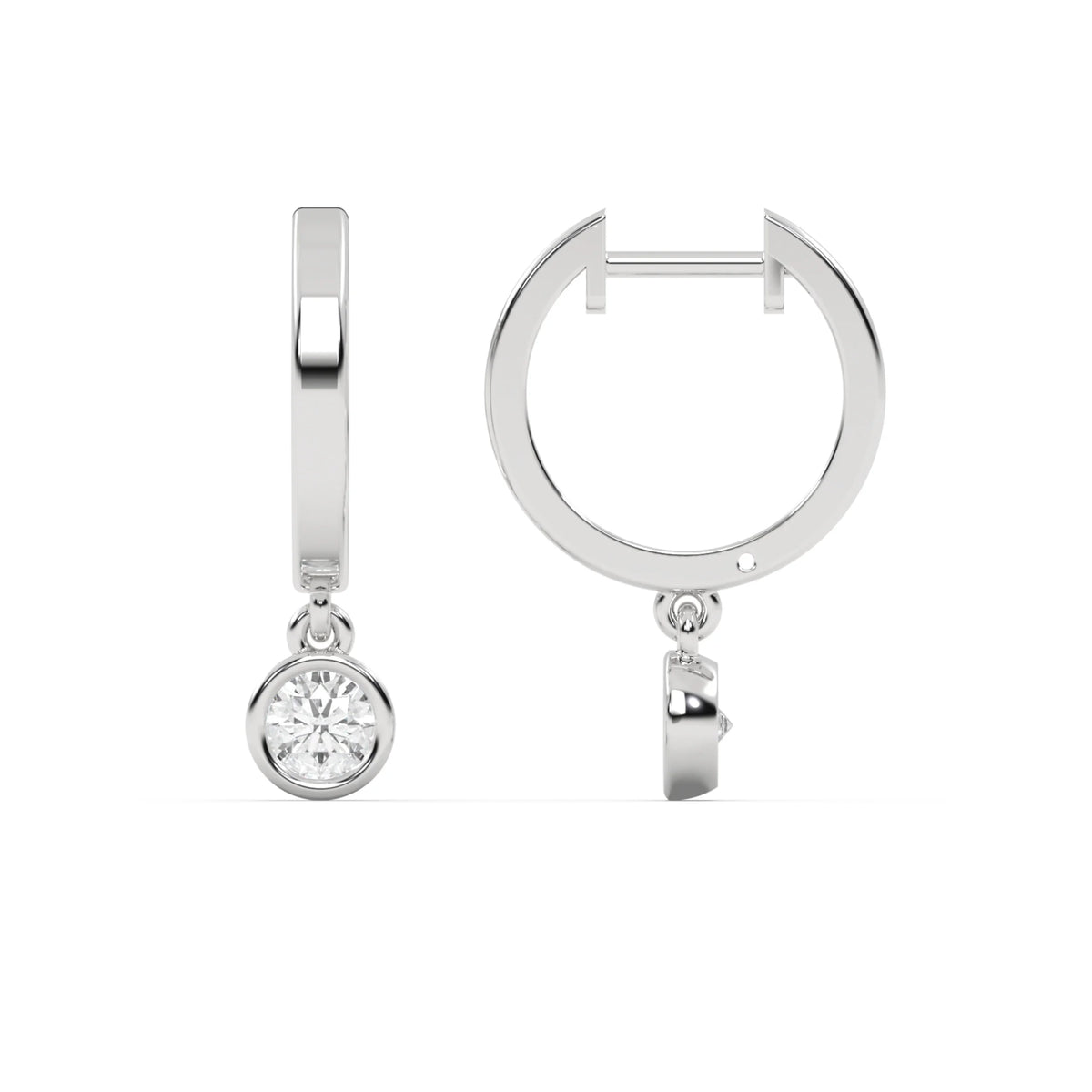 This white gold dangling diamond hoop earrings features a moving 0.25 CT diamond on each hoop, securely set in a bezel setting in top view and side view