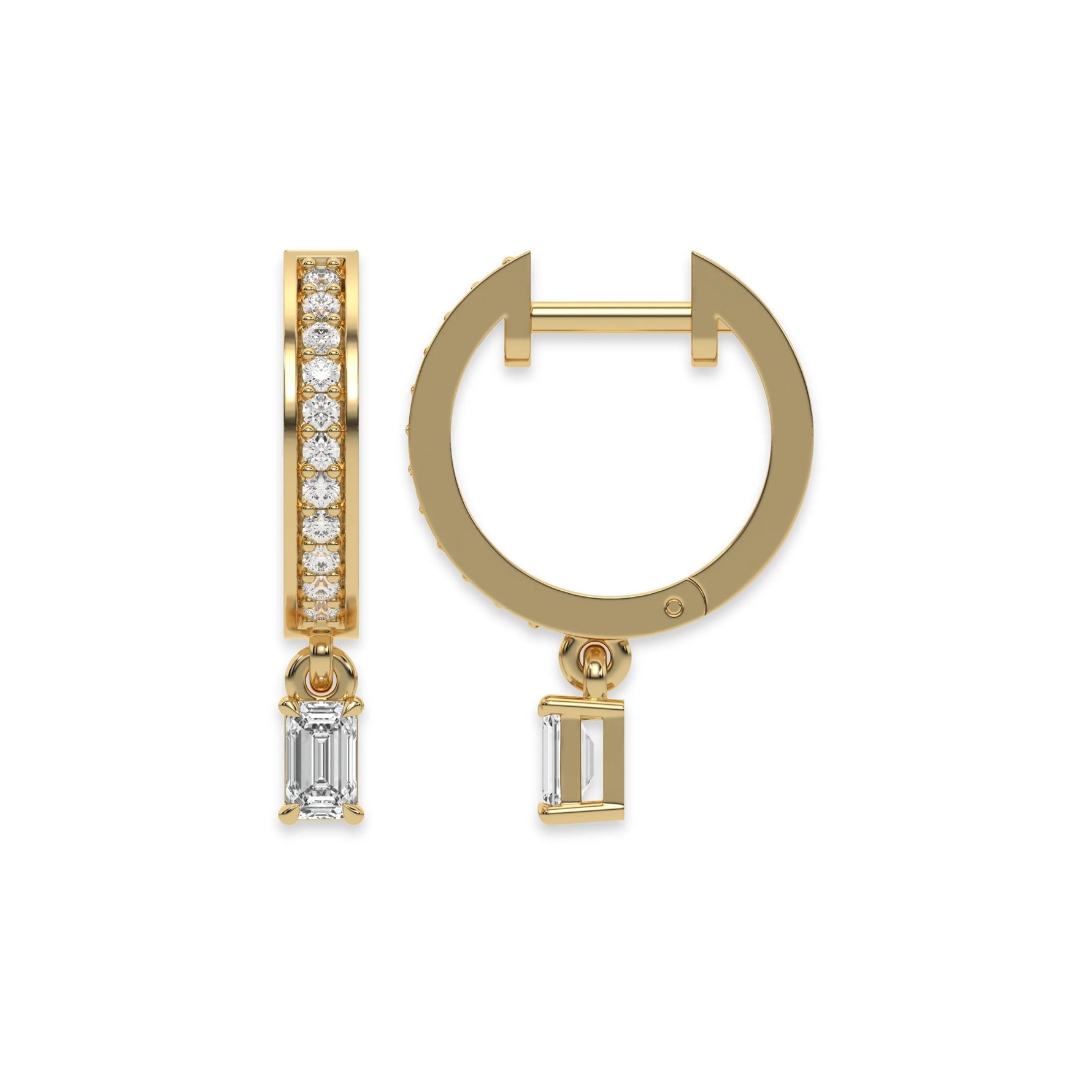 This yellow gold Dangling Emerald Diamond Hoop Earrings handmade with round brilliant-cut diamonds in pave setting and an emerald solitaire hanging at the bottom in top view and side view