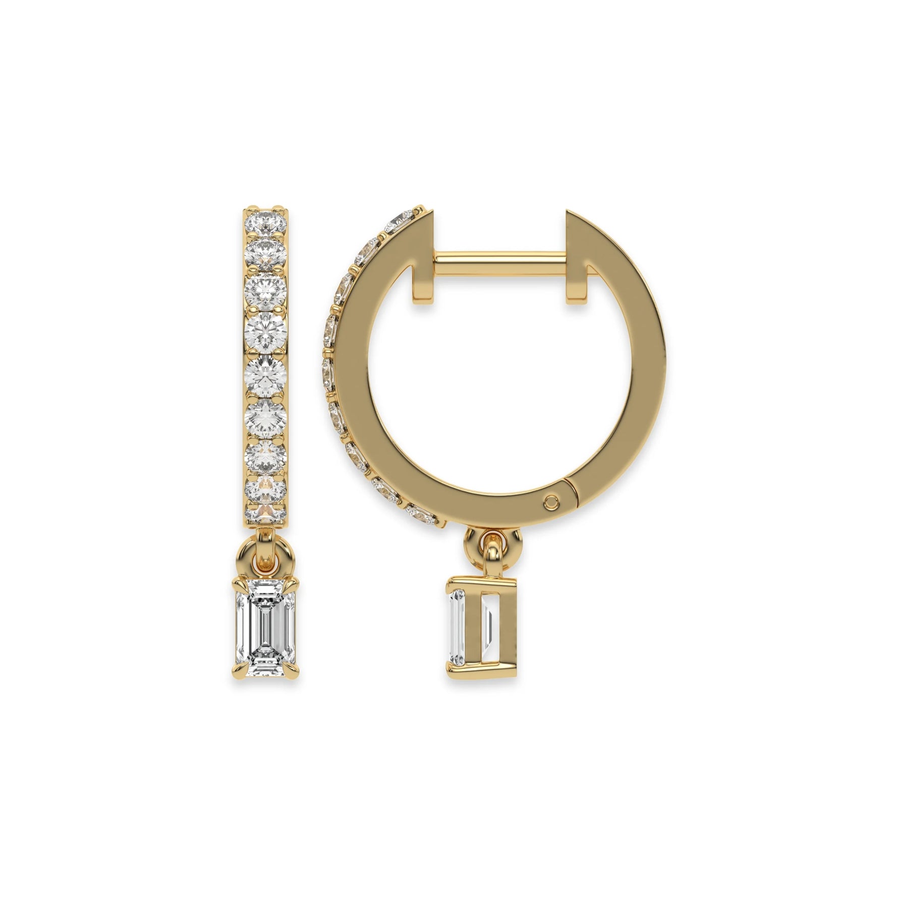 This yellow gold Dangling Emerald Diamond Hoop Earrings handmade with round brilliant-cut diamonds in prong setting and an emerald solitaire hanging at the bottom in top view and side view