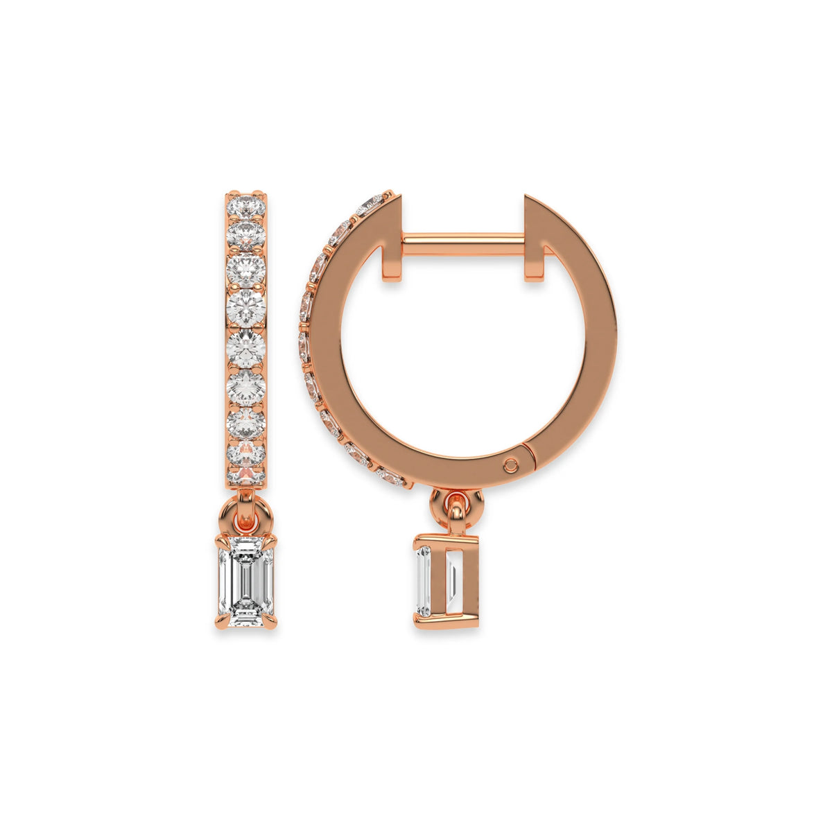 This rose gold Dangling Emerald Diamond Hoop Earrings handmade with round brilliant-cut diamonds in prong setting and an emerald solitaire hanging at the bottom in top view and side view