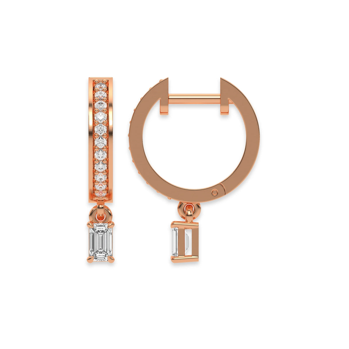 This rose gold Dangling Emerald Diamond Hoop Earrings handmade with round brilliant-cut diamonds in pave setting and an emerald solitaire hanging at the bottom in top view and side view