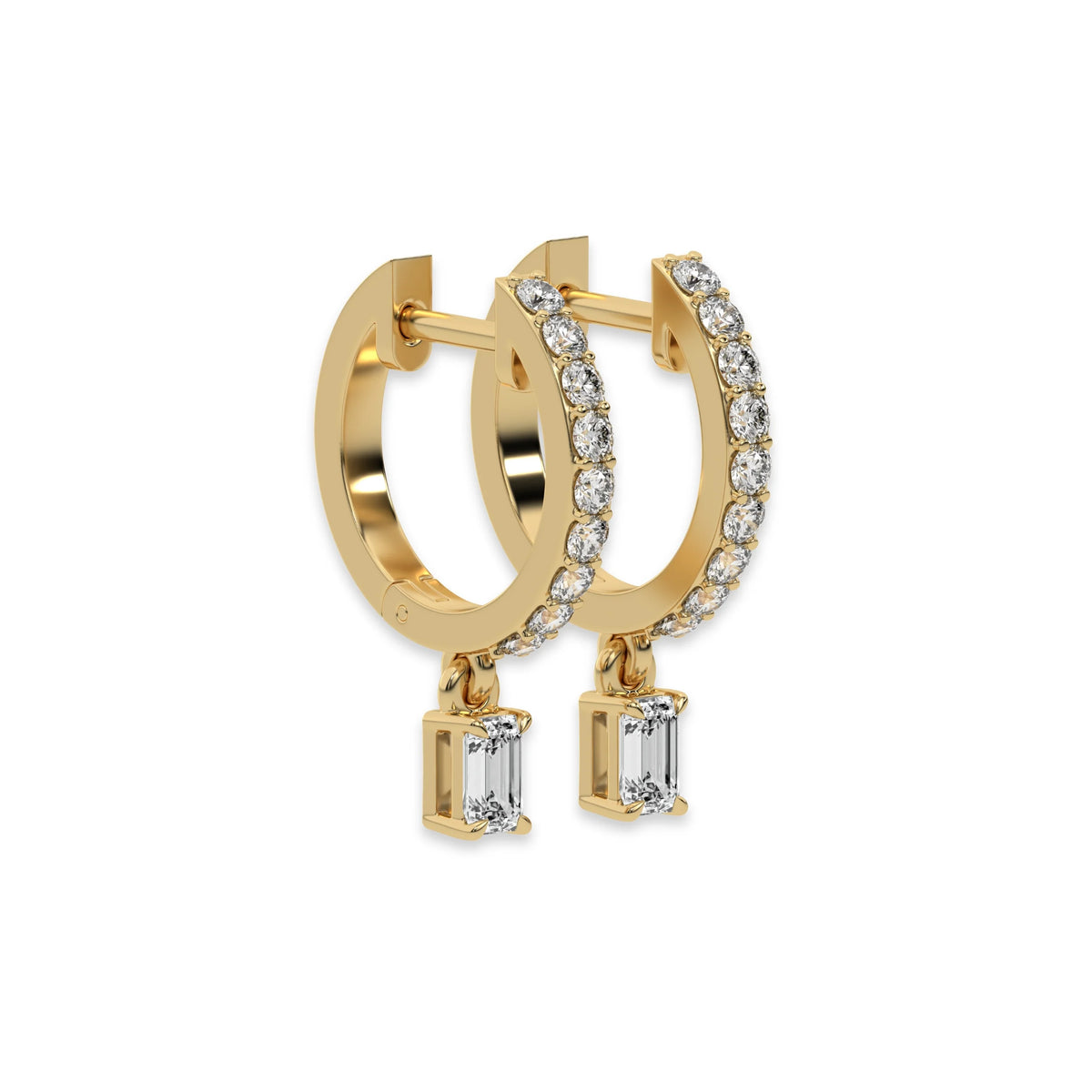 This yellow gold Dangling Emerald Diamond Hoop Earrings handmade with round brilliant-cut diamonds in prong setting and an emerald solitaire hanging at the bottom in side view