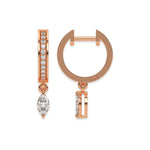 This rose gold Dangling Marquise Diamond Hoop Earrings handmade with round brilliant-cut diamonds in pave setting and a marquise solitaire hanging at the bottom in top view and side view