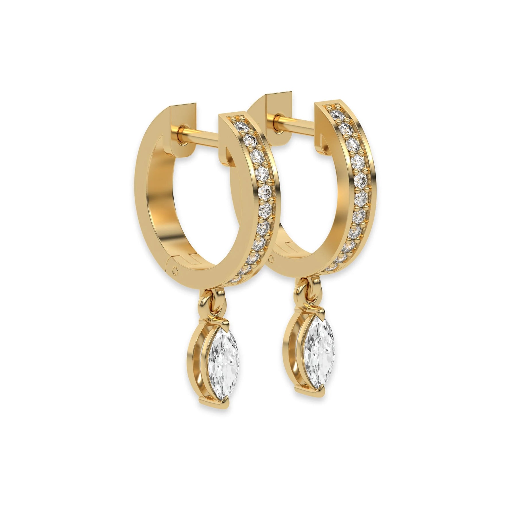 This yellow gold Dangling Marquise Diamond Hoop Earrings handmade with round brilliant-cut diamonds in pave setting and a marquise solitaire hanging at the bottom in side view