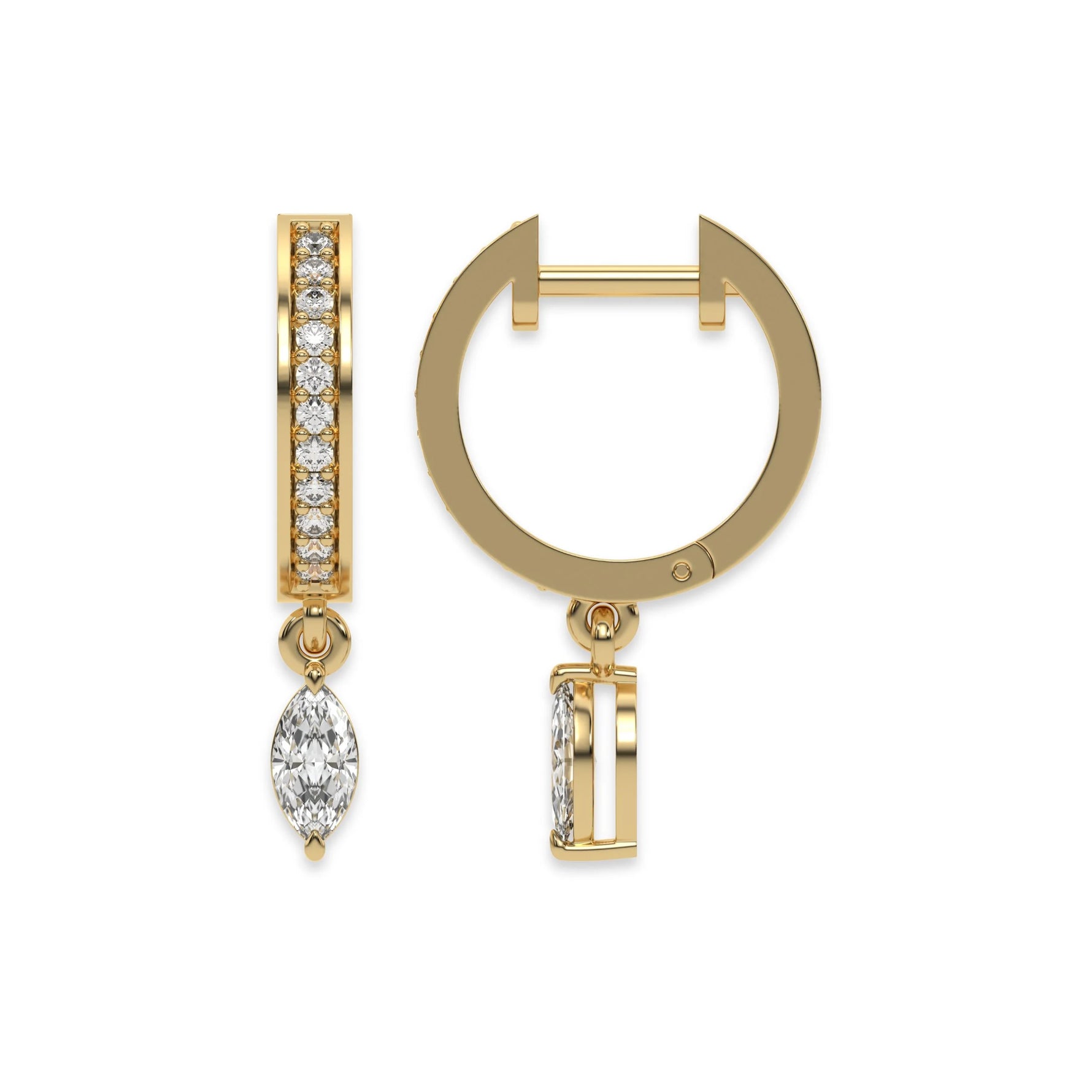 This yellow gold Dangling Marquise Diamond Hoop Earrings handmade with round brilliant-cut diamonds in pave setting and a marquise solitaire hanging at the bottom in top view and side view