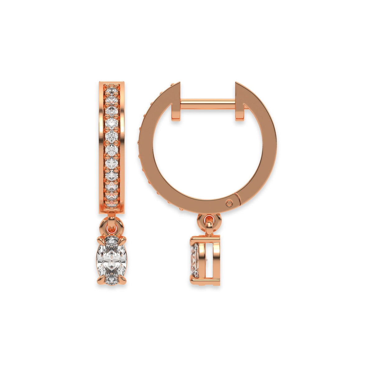 This rose gold Dangling Oval Diamond Hoop Earrings handmade with round brilliant-cut diamonds in pave setting and an oval solitaire hanging at the bottom in top view and side view