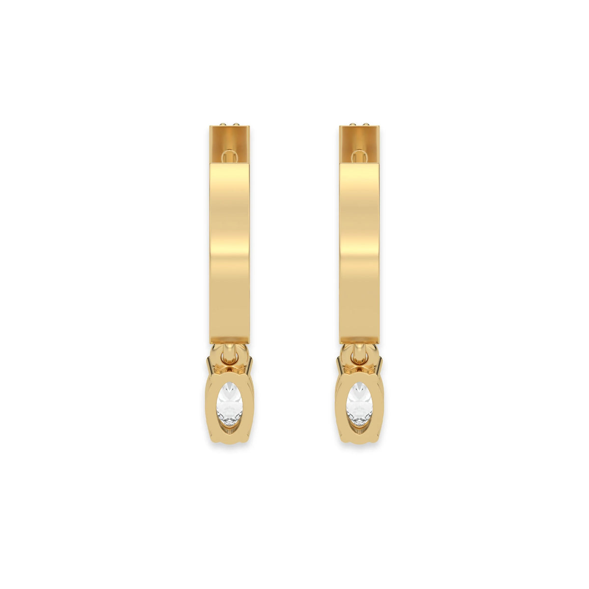 This yellow gold Dangling Oval Diamond Hoop Earrings handmade with round brilliant-cut diamonds in pave setting and an oval solitaire hanging at the bottom in back view