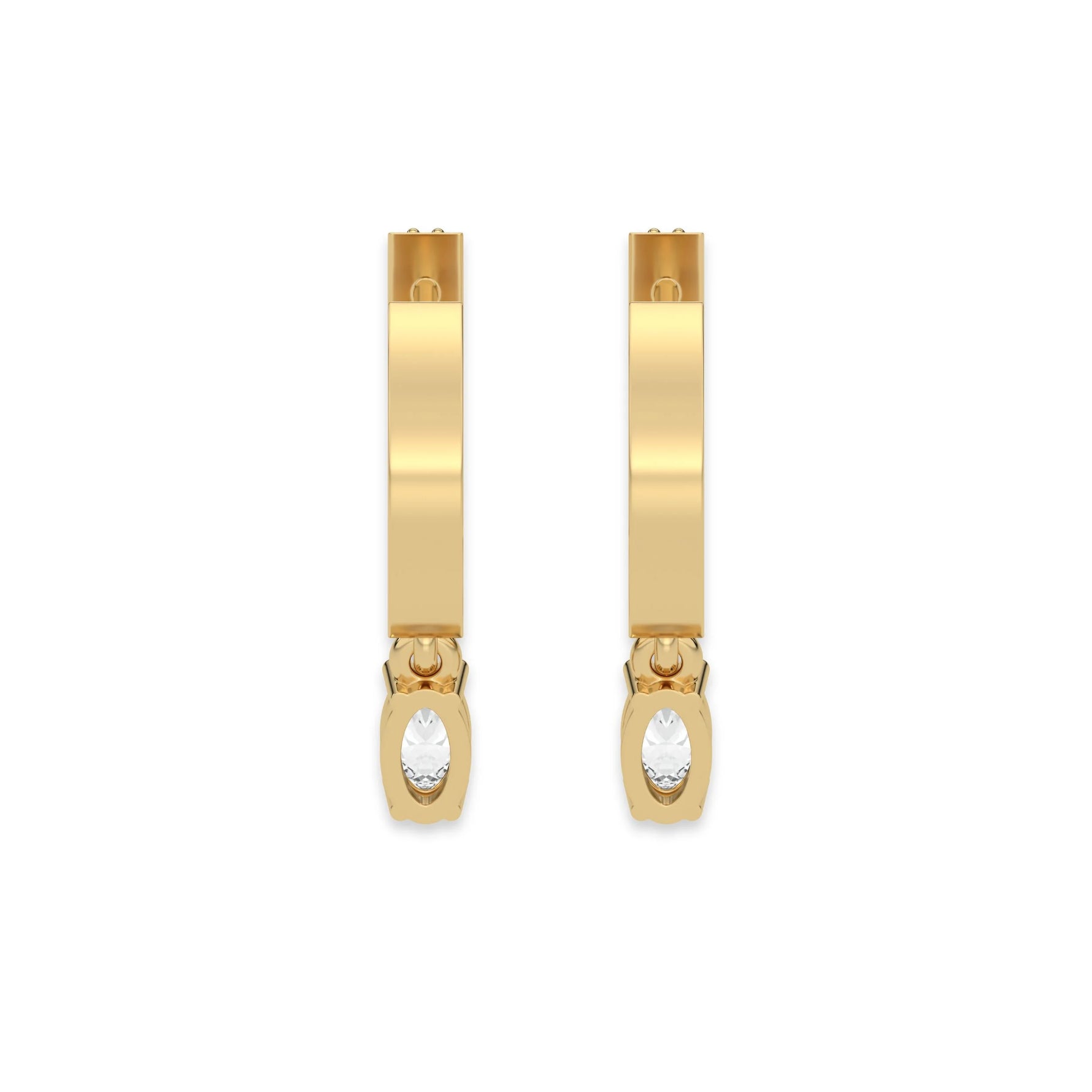 This yellow gold Dangling Oval Diamond Hoop Earrings handmade with round brilliant-cut diamonds in pave setting and an oval solitaire hanging at the bottom in back view