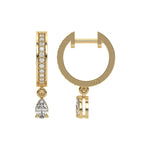 Detailed front and side angles of a round and pear diamond dangling hoop earring featuring a yellow gold prong setting.