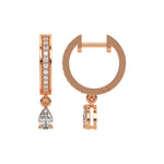 Detailed front and side angles of a round and pear diamond dangling hoop earring featuring a rose gold prong setting.