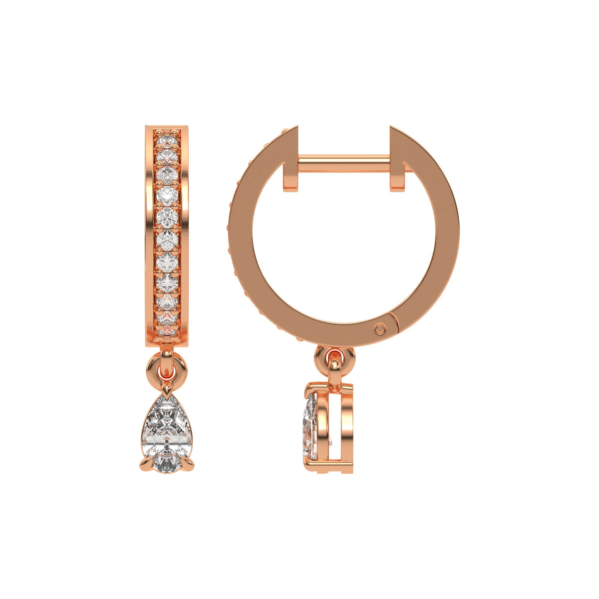 Detailed front and side angles of a round and pear diamond dangling hoop earring featuring a rose gold prong setting.