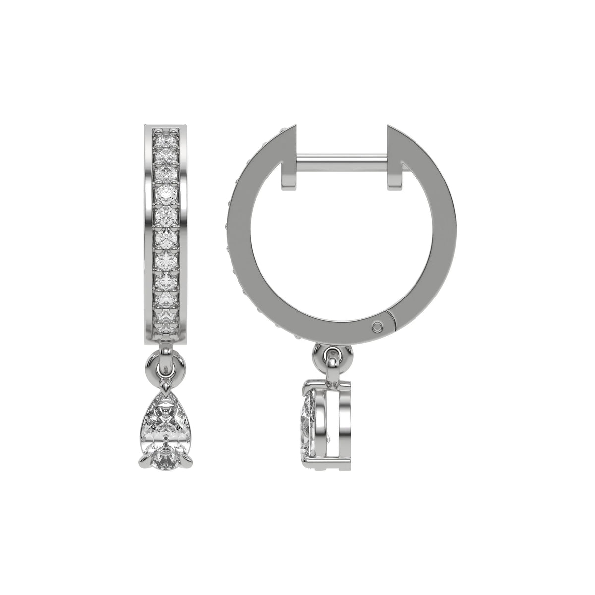 Detailed front and side angles of a round and pear diamond dangling hoop earring featuring a white gold prong setting.