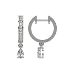 Detailed front and side angles of a round and pear diamond dangling hoop earring featuring a white gold prong setting.