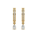Sparkling round and pear diamond dangling hoop earring set featuring a pear-cut drop in a yellow gold prong setting.