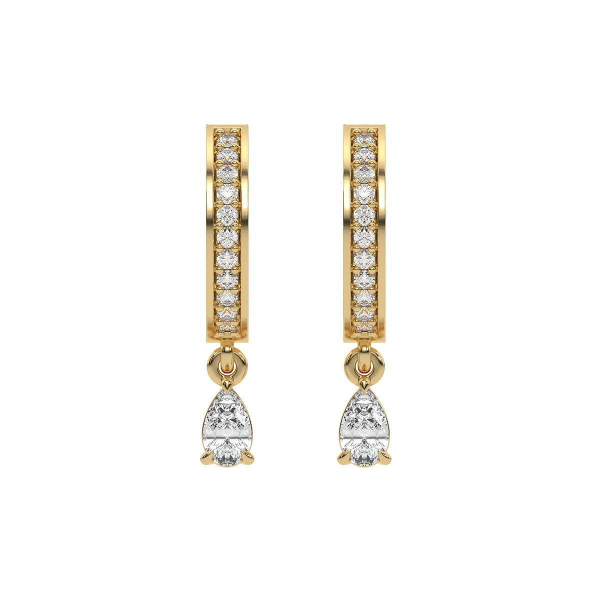 Sparkling round and pear diamond dangling hoop earring set featuring a pear-cut drop in a yellow gold prong setting.