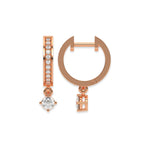 This rose gold Dangling Round Diamond Hoop Earrings handmade with round brilliant-cut diamonds in pave setting and a round solitaire hanging at the bottom in top view and side view