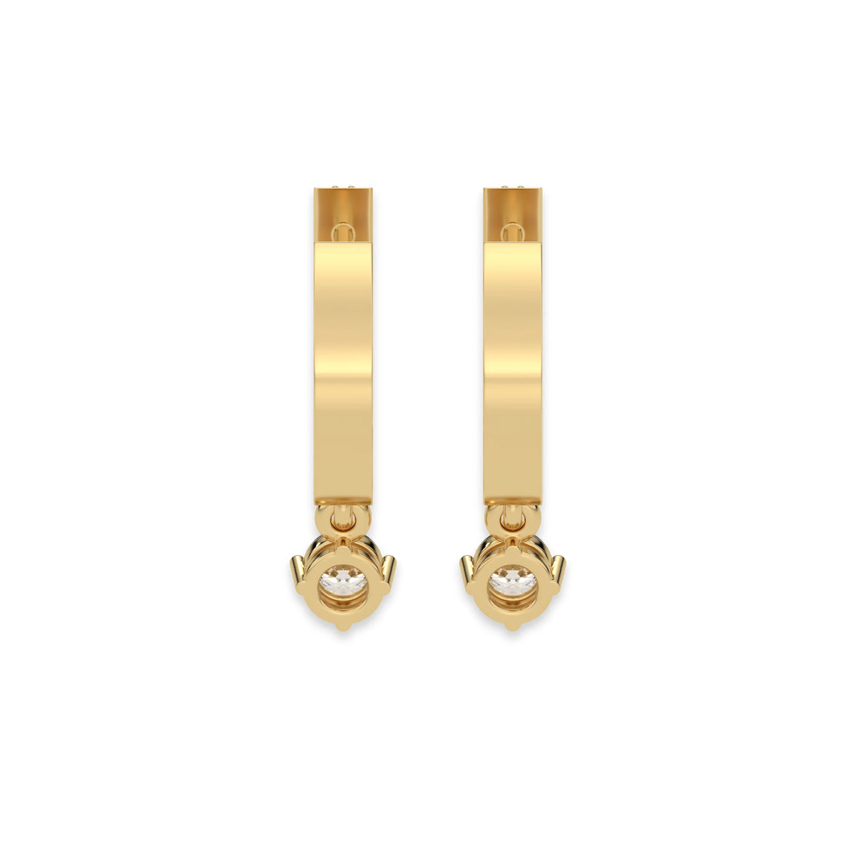 This yellow gold Dangling Round Diamond Hoop Earrings handmade with round brilliant-cut diamonds in pave setting and a round solitaire hanging at the bottom in back view