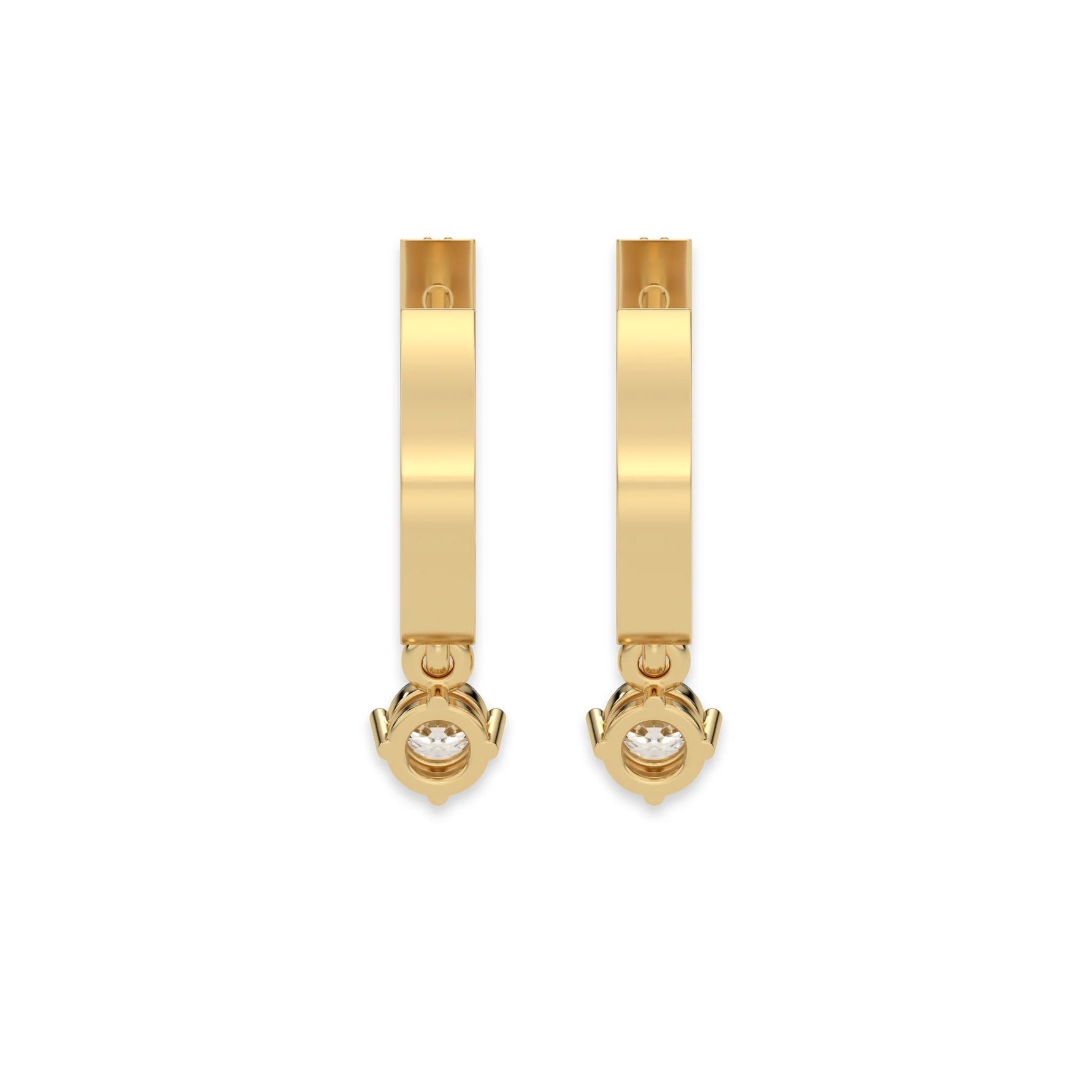 This yellow gold Dangling Round Diamond Hoop Earrings handmade with round brilliant-cut diamonds in pave setting and a round solitaire hanging at the bottom in back view