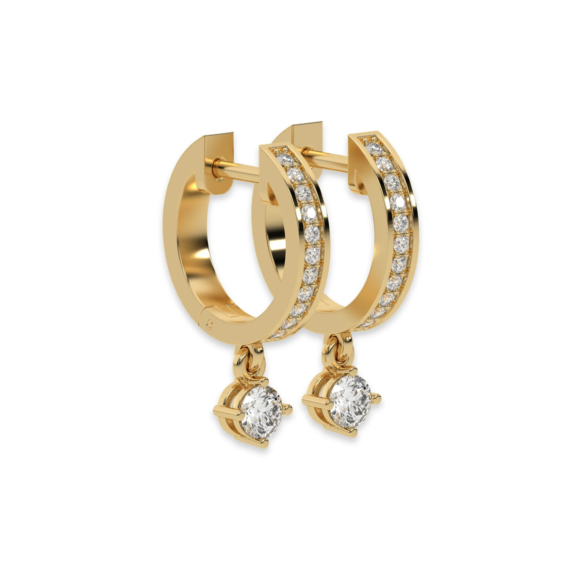 This yellow gold Dangling Round Diamond Hoop Earrings handmade with round brilliant-cut diamonds in pave setting and a round solitaire hanging at the bottom in side view