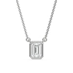 This white gold Emerald Solitaire Diamond Necklace made with an emerald cut diamond in bezel setting with adjustable chain in top view