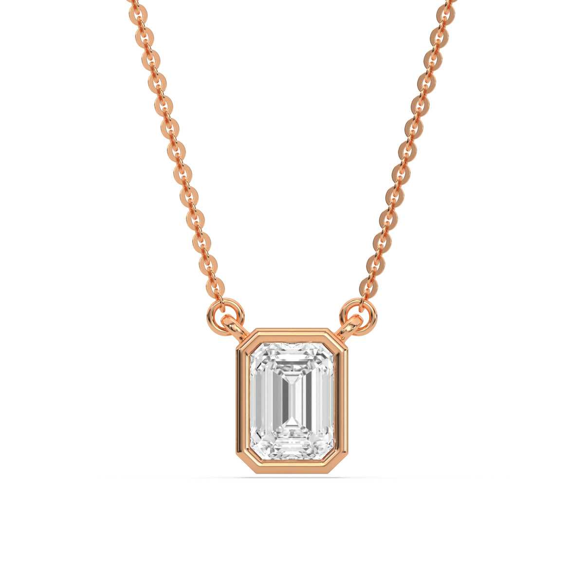 This rose gold Emerald Solitaire Diamond Necklace made with an emerald cut diamond in bezel setting with adjustable chain in top view