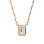 This rose gold Emerald Solitaire Diamond Necklace made with an emerald cut diamond in bezel setting with adjustable chain in top view