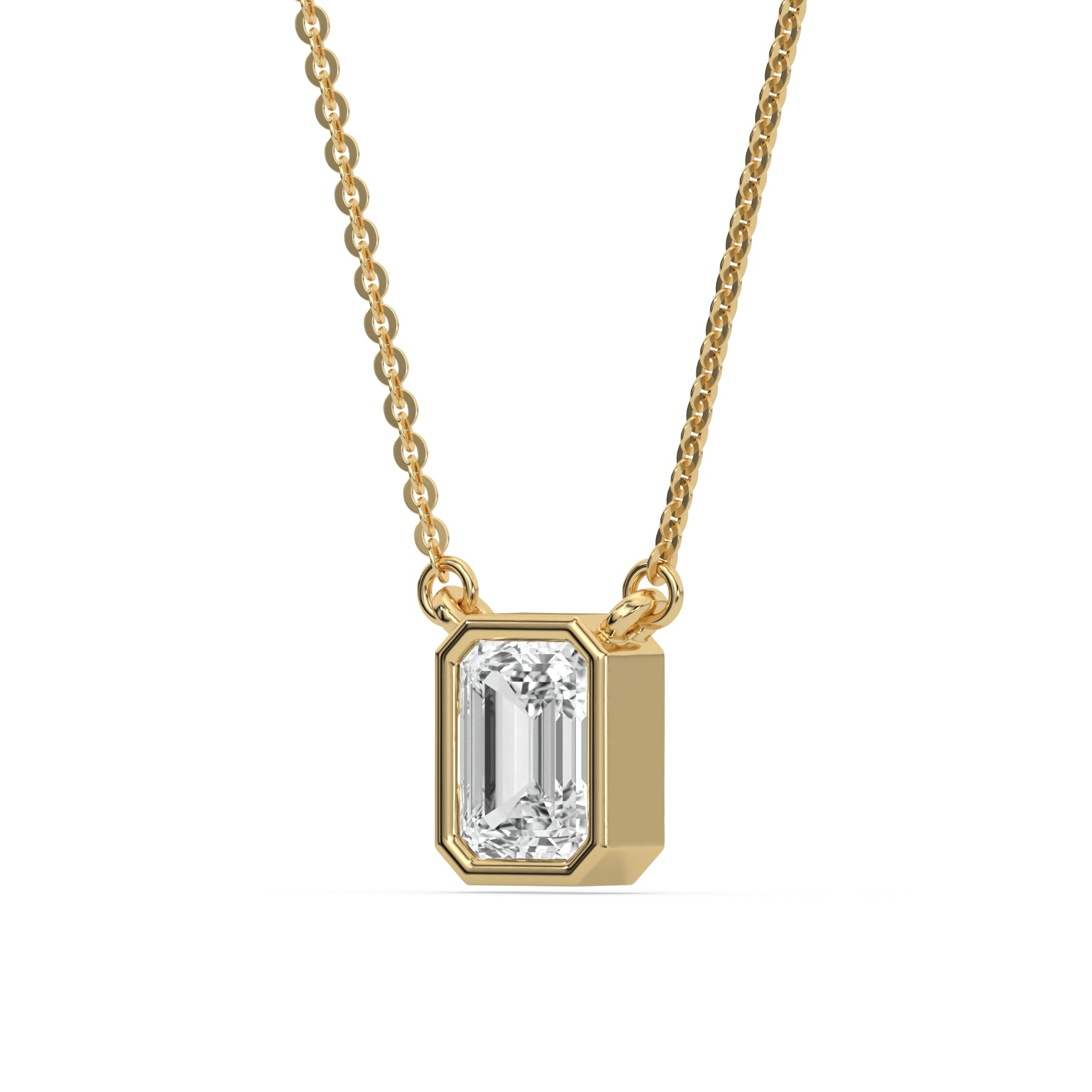 This yellow gold Emerald Solitaire Diamond Necklace made with an emerald cut diamond in bezel setting with adjustable chain in side view