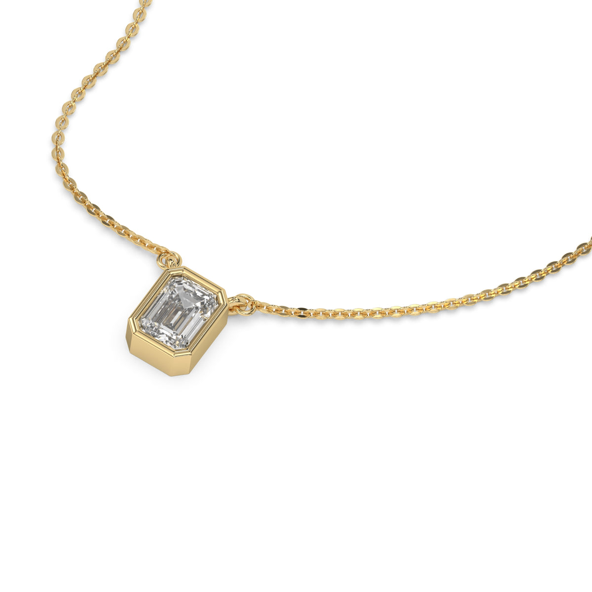 This yellow gold Emerald Solitaire Diamond Necklace made with an emerald cut diamond in bezel setting with adjustable chain in 3d view