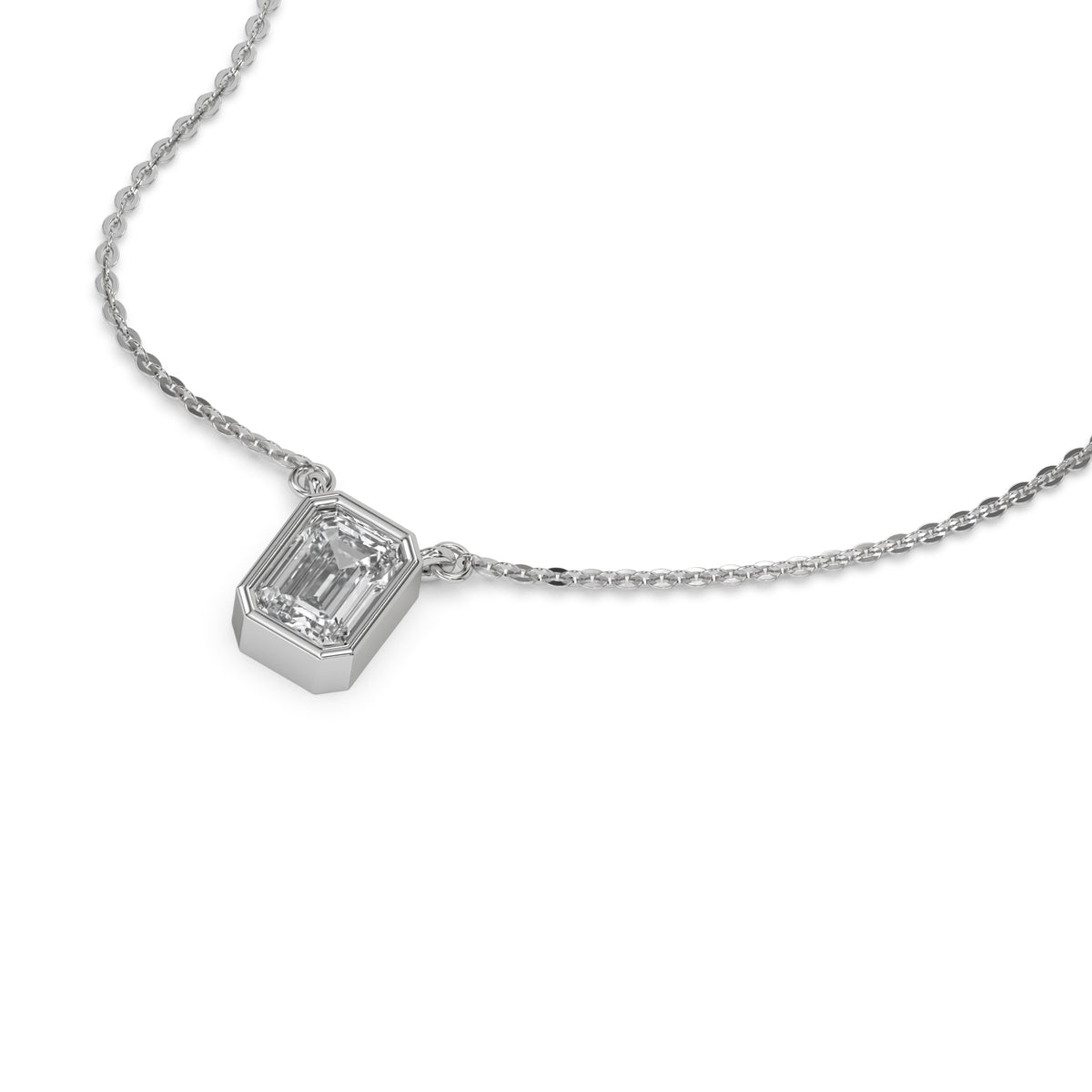 This white gold Emerald Solitaire Diamond Necklace made with an emerald cut diamond in bezel setting with adjustable chain in 3d view