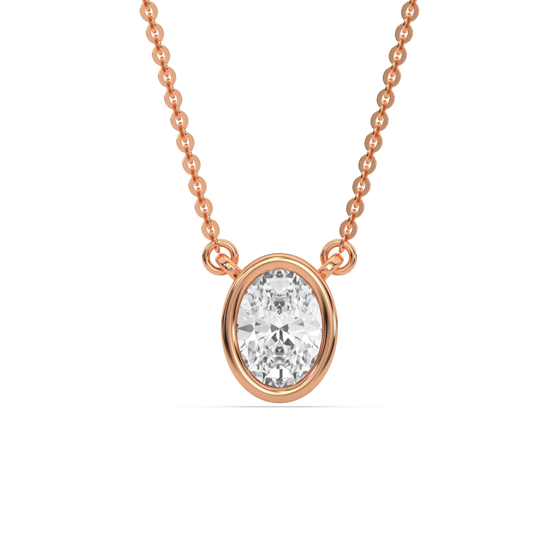 This rose gold Oval Solitaire Diamond Necklace made with an oval cut diamond in bezel setting with adjustable chain in top view