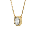 This yellow gold Oval Solitaire Diamond Necklace made with an oval cut diamond in bezel setting with adjustable chain in side view