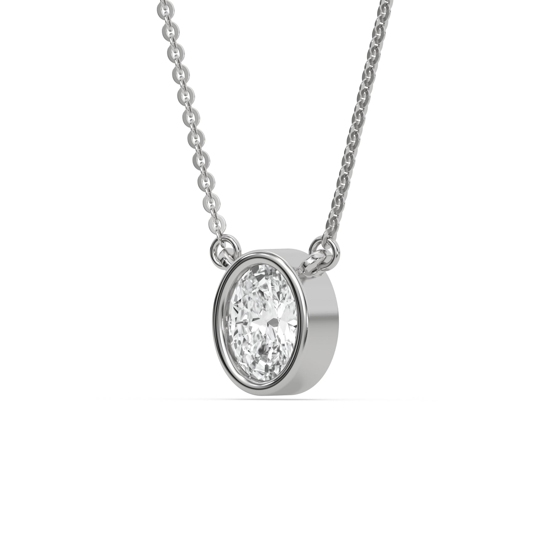 This white gold Oval Solitaire Diamond Necklace made with an oval cut diamond in bezel setting with adjustable chain in side view