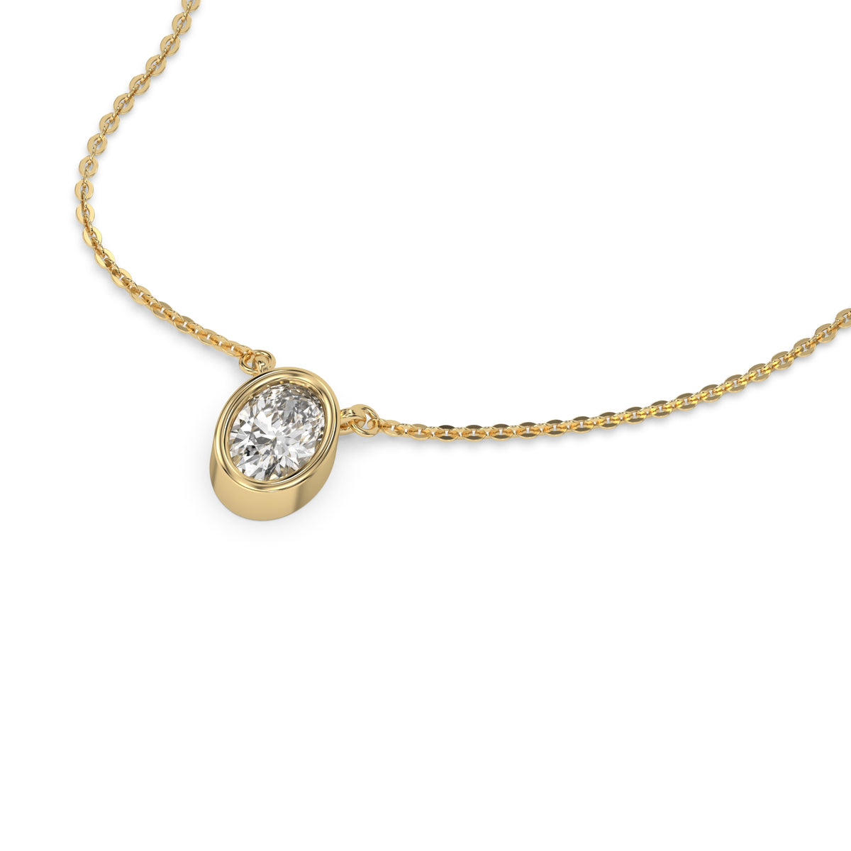 This yellow gold Oval Solitaire Diamond Necklace made with an oval cut diamond in bezel setting with adjustable chain in 3d view