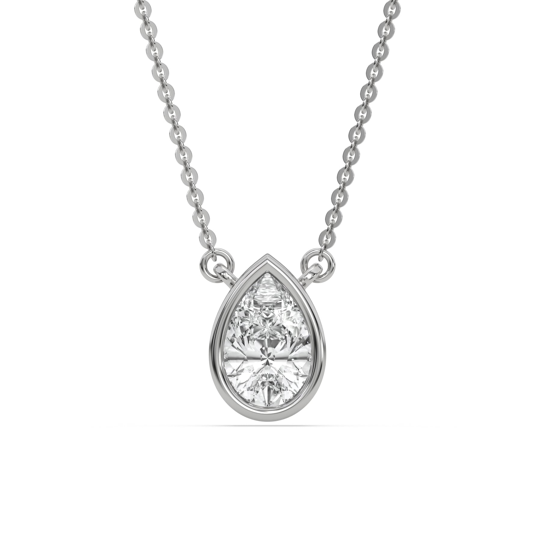 This white gold Pear Solitaire Diamond Necklace made with a pear cut diamond in bezel setting with adjustable chain in top view