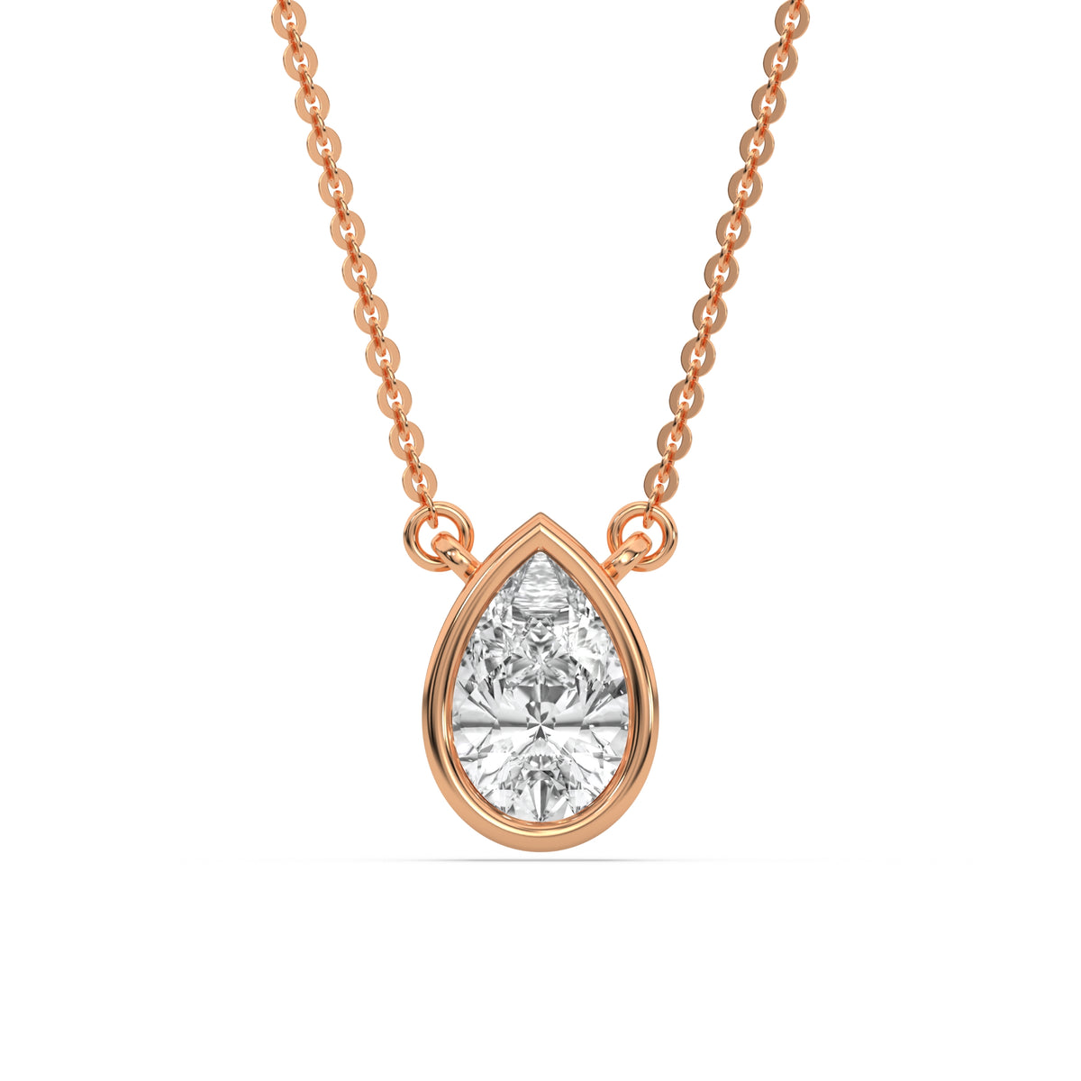 This rose gold Pear Solitaire Diamond Necklace made with a pear cut diamond in bezel setting with adjustable chain in top view