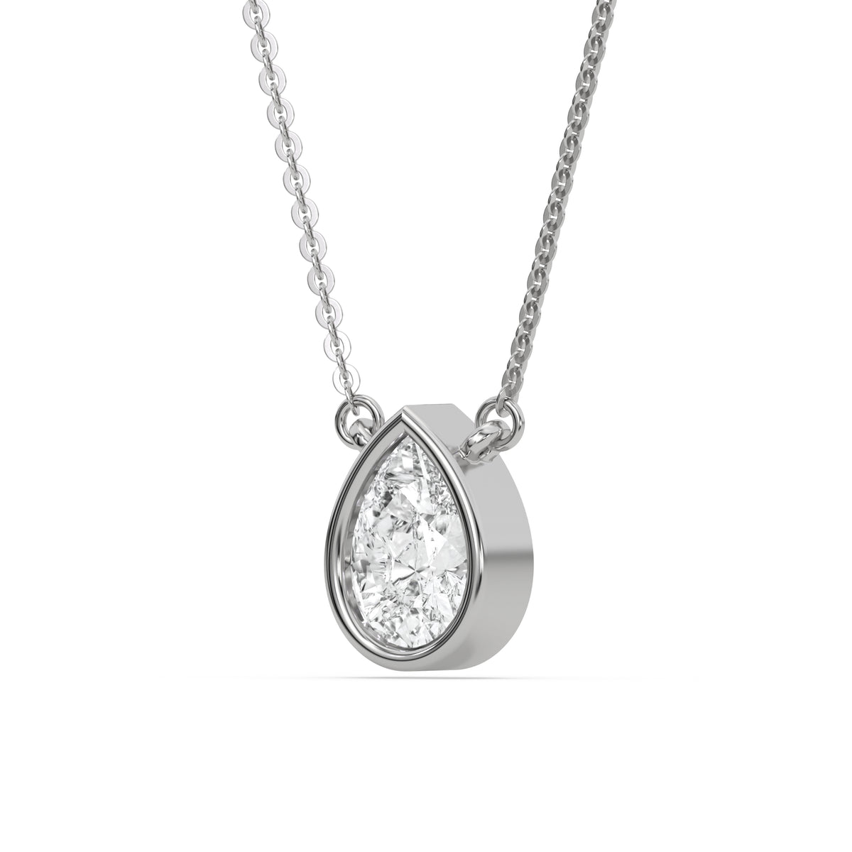 This white gold Pear Solitaire Diamond Necklace made with a pear cut diamond in bezel setting with adjustable chain in side view