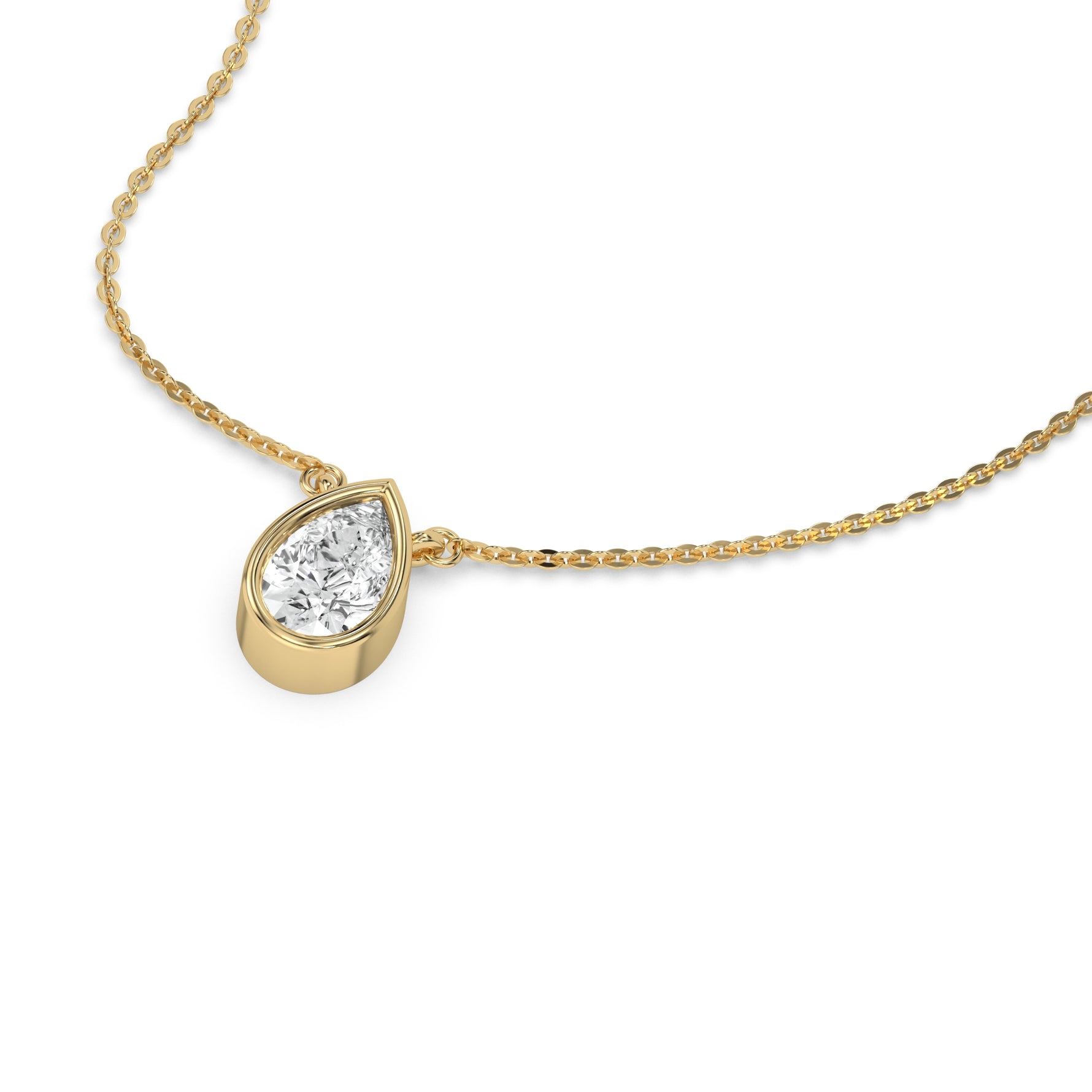 This yellow gold Pear Solitaire Diamond Necklace made with a pear cut diamond in bezel setting with adjustable chain in 3d view