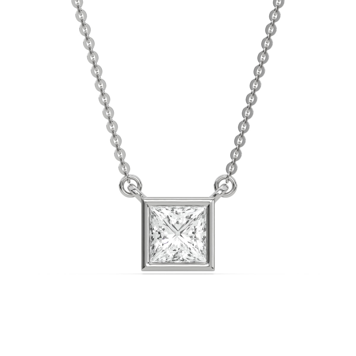 This white gold Princess Solitaire Diamond Necklace made with a princess cut diamond in bezel setting with adjustable chain in top view