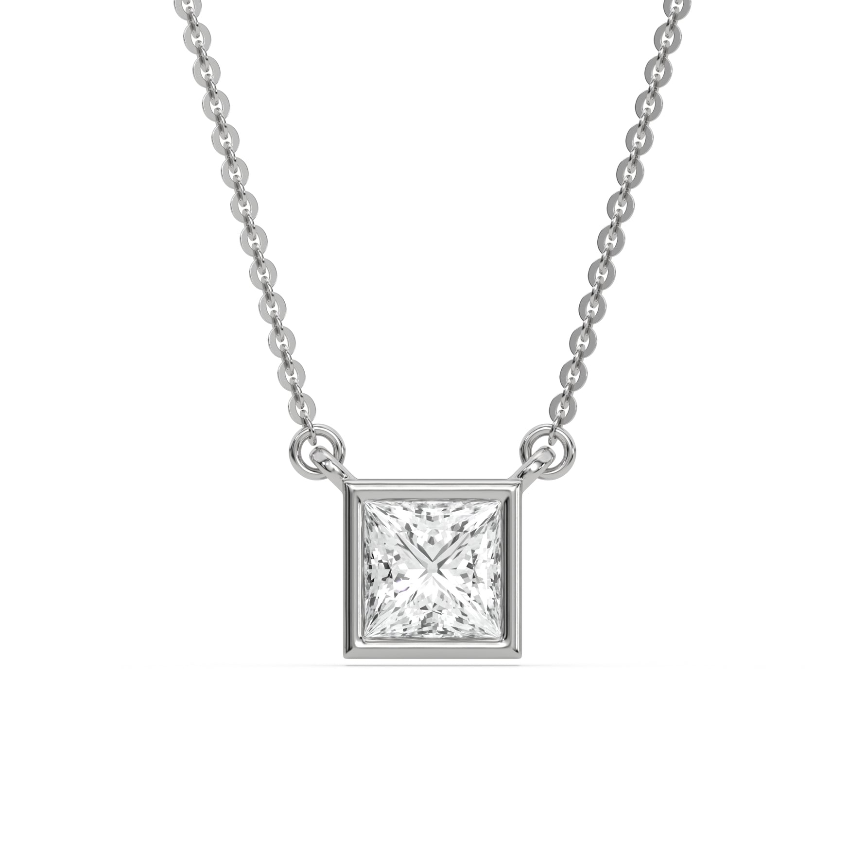 This white gold Princess Solitaire Diamond Necklace made with a princess cut diamond in bezel setting with adjustable chain in top view