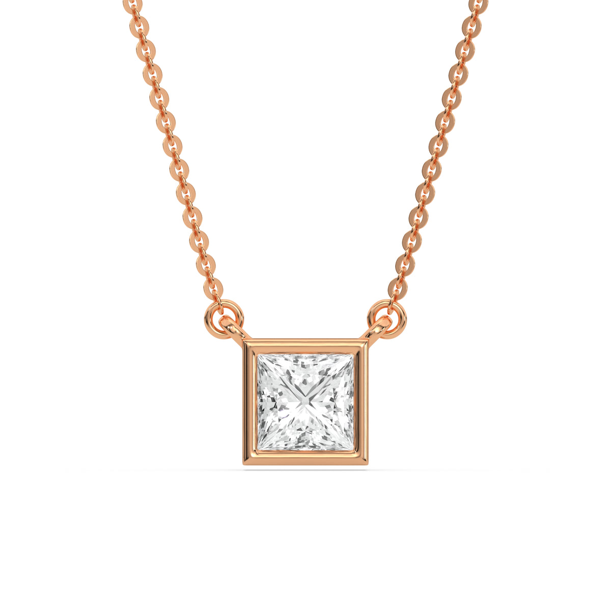 This rose gold Princess Solitaire Diamond Necklace made with a princess cut diamond in bezel setting with adjustable chain in top view