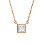 This rose gold Princess Solitaire Diamond Necklace made with a princess cut diamond in bezel setting with adjustable chain in top view