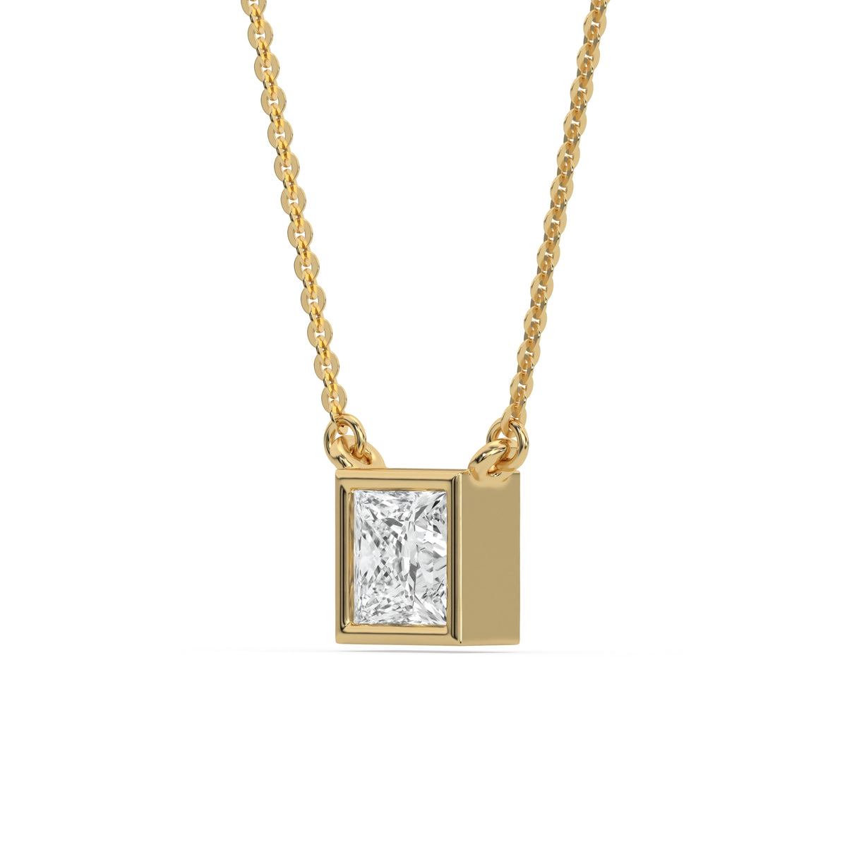 This yellow gold Princess Solitaire Diamond Necklace made with a princess cut diamond in bezel setting with adjustable chain in side view