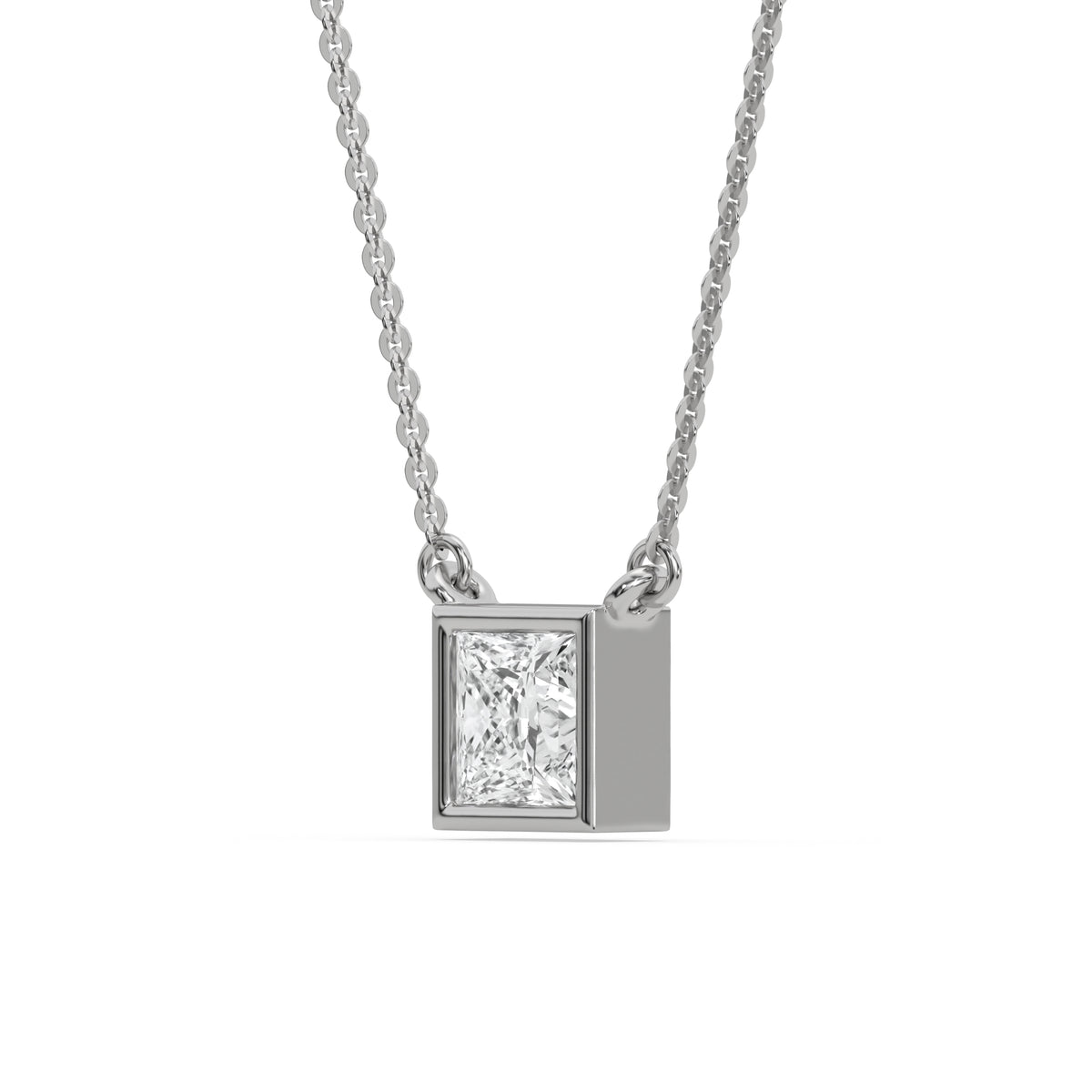 This white gold Princess Solitaire Diamond Necklace made with a princess cut diamond in bezel setting with adjustable chain in side view