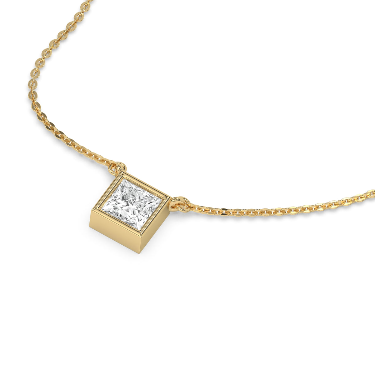 This yellow gold Princess Solitaire Diamond Necklace made with a princess cut diamond in bezel setting with adjustable chain in 3d view