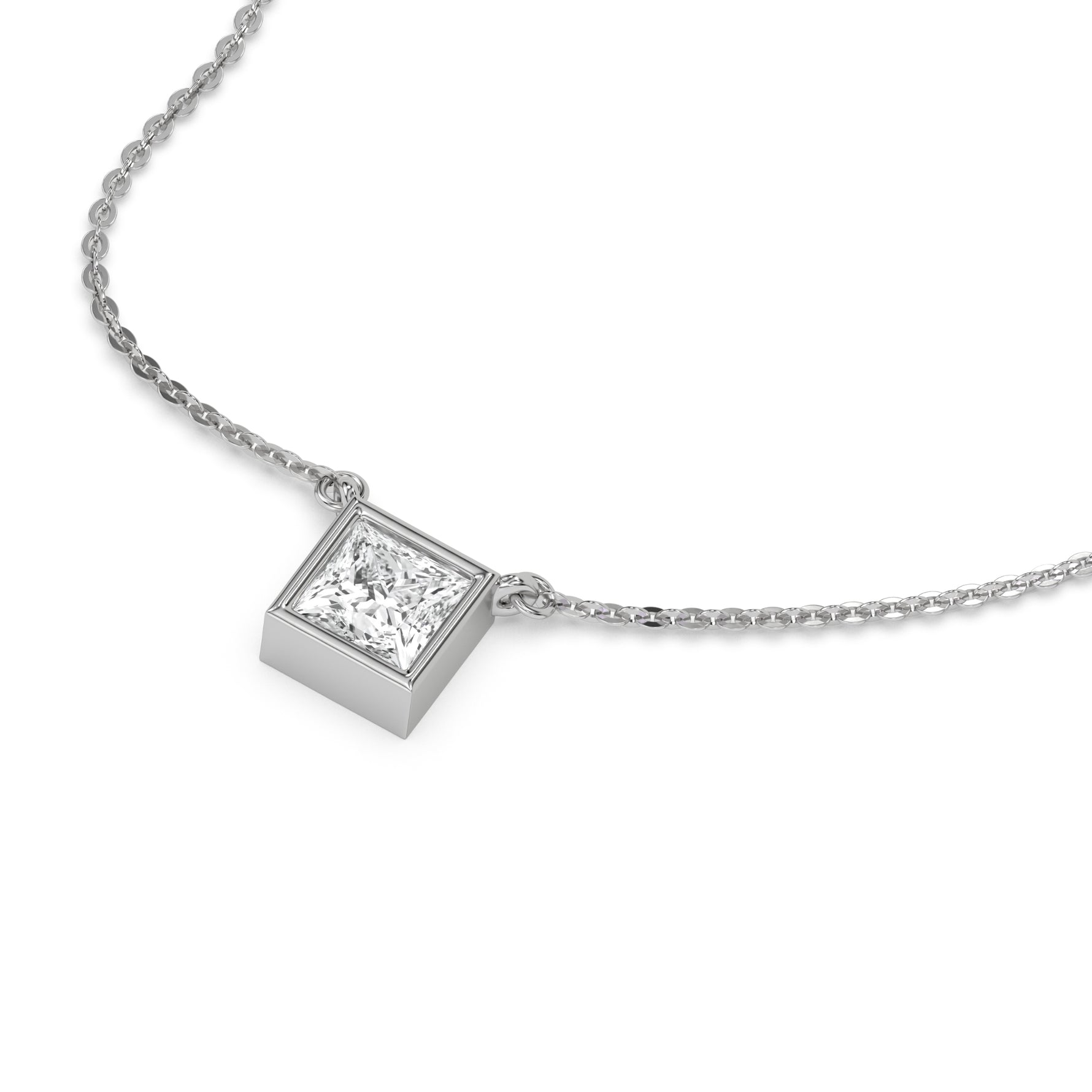 This white gold Princess Solitaire Diamond Necklace made with a princess cut diamond in bezel setting with adjustable chain in 3d view